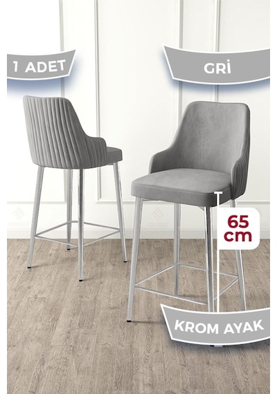 Canisa Tera Serisi 1 Adet Babyface Kumaş 65 Cm Krom Kaplama Ayaklı Gri Bar Sandalyesi Gri Sandalye Krom Kaplama Ayak