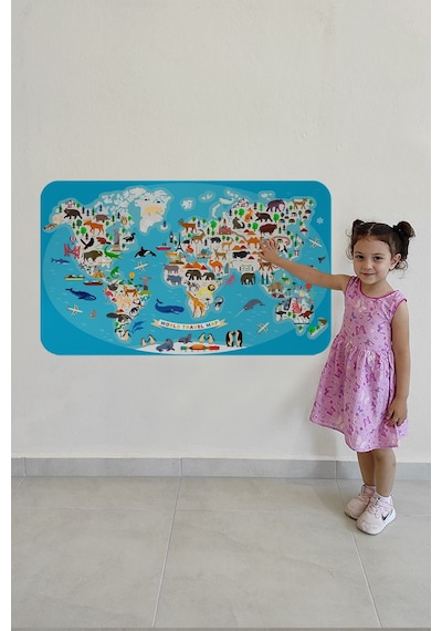Eğitici Dünya Haritası Dünya Atlası Çocuk Ve Bebek Odası Duvar Sticker-60x105-3787 Çok Renkli