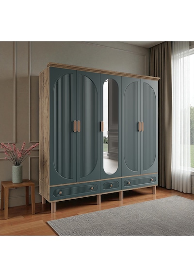 Comiet Sally 5 Kapaklı Aynalı Çekmeceli Mdf Gardırop Yeşil