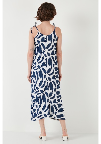 Lela Desenli Midi Boy Oversize Fit Bağlamalı Ip Askılı Bisiklet Yaka Bayan Elbise 5869009 Indigo