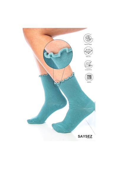 Saysez Bambu Kadın Lastiksiz Su Yeşili Fırfırlı Soket Dikişsiz Premium Çorap / Iz Bırakmaz / Sıkmayan Çorap Renkli