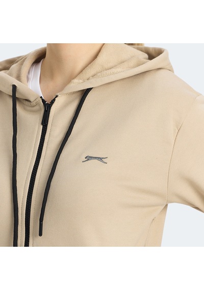 Slazenger KINET Kadın Fermuarlı Kapüşonlu Cepli Bej Sweatshirt