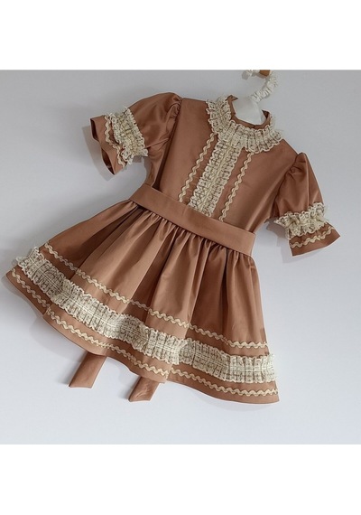 Kız Bebek Kahverengi Vintage Fistolu Elbise Karamel