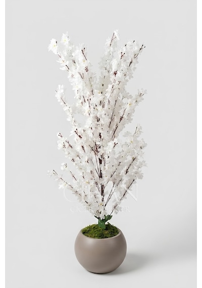 Yapay Beyaz Sakura Kiraz Çiçeği Ağacı 120 Cm - Küre Plastik Saksılı 27x33 Cm Saksı
