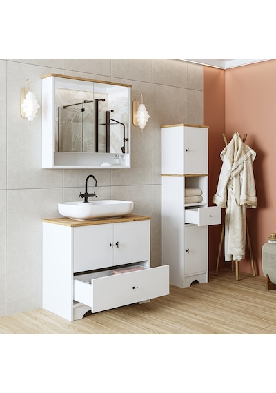 Lavabolu Mdf 80 Cm Çekmeceli Banyo Dolabı + Aynalı Üst Dlp Atlantik Çam - Beyaz Lavabolu Mdf 80 Cm Çekmeceli Banyo Dolabı + Aynalı Üst Dlp Atlantik Çam - Beyaz