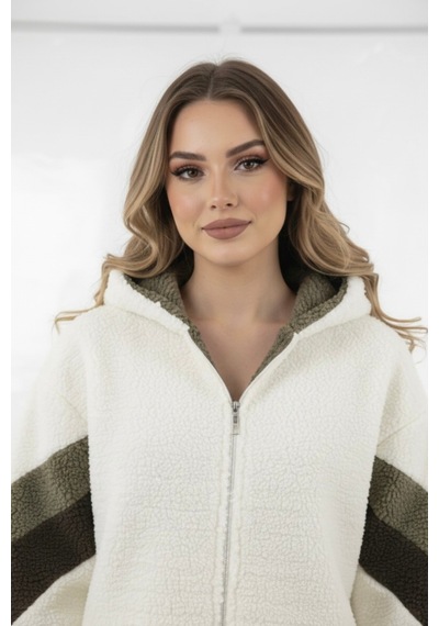 Hiramir Peluş Yeni Sezon Kadın Kolları Şeritli Kolej Mont Ks2577 Beyaz