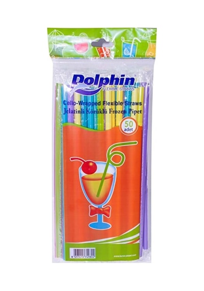 Jelatin Sargılı Frozen Renkli Pipet Kalın Körüklü Fosforlu 50 Li Dolphin 23,5 Cm