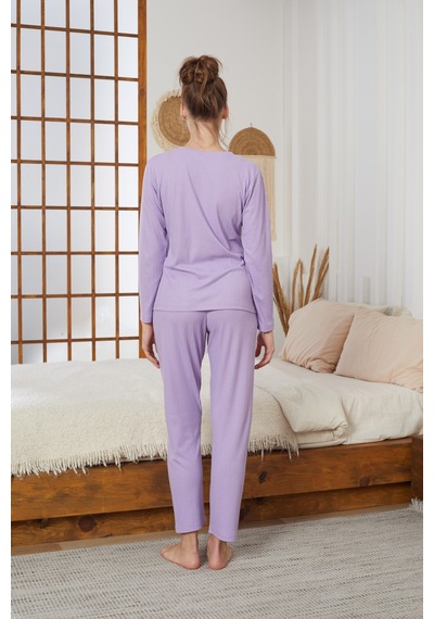 Siyah İnci Love Nakışlı Fitilli Örme Pijama Takım25226001 Lila