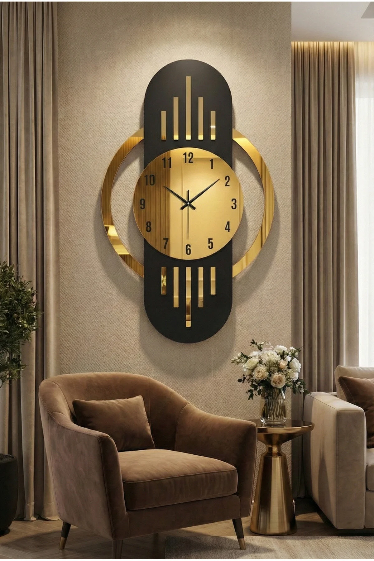 Siyah Renk Aynalı Sayılı Hediyelik Ahşap Dekoratif Sessiz Büyük Boy Tablo Duvar Saati 70cm Siyah - Altın