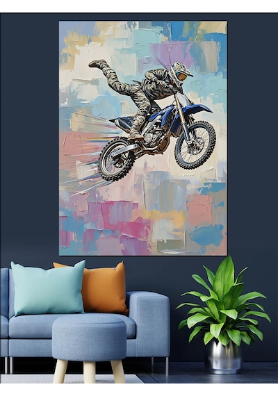 Ahşap Tablo Havada Uçan Motokros Motoru
