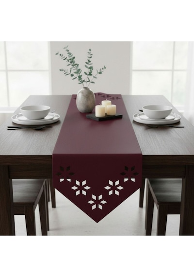 1 Adet Deri Runner-40x140 Cm-çiçek Desenli Runner Bordo