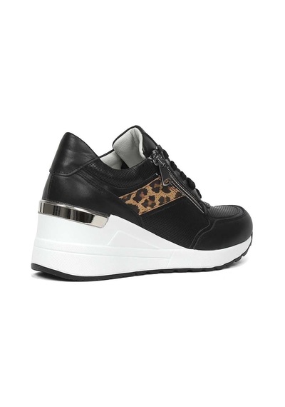 Kadın Siyah Bağcıklı Dolgu Topuklu Deri Sneaker