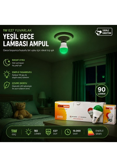 Diyarı Fırsat Nisaluce 1w E27 Led Gece Ampulü Yeşil Işık Top Model 10'lu Paket Kp-10-0098