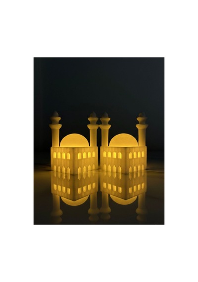 Ramazan Cami Figürlü Biblo İkili Set Işıklı Pilli Mumluk Ev Aksesuarı Beyaz