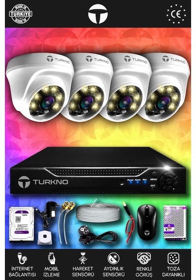 Turkno 4 Kameralı Domie 4 İç Kamera Set 2 TB HDD Full HD Renkli Gece Görüşlü Güvenlik Kamerası Sistemi