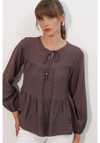 Hiccup Bdart Dokulu Bağlamalı Bluz Koyu Mocha Kahve