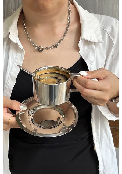 Çelik 2 Adet 3 Parça 200 Ml Çift Cidar Espresso Kahve Fincan Seti Sunum Bardağı Gri