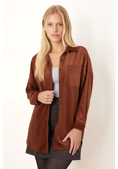 Armonika Kadın Taba Cepli Oversize İnce Fitilli Kadife Gömlek Arm-24k001076