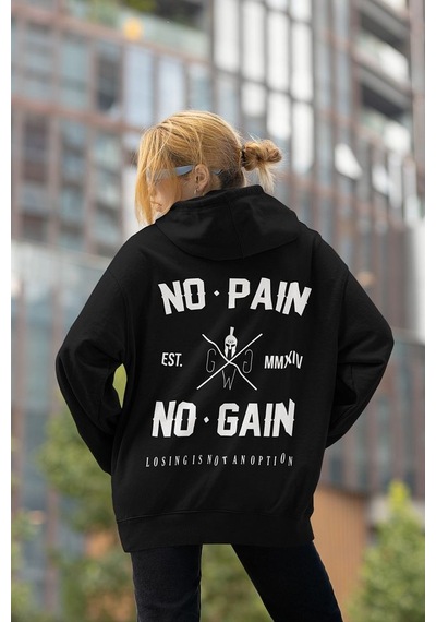 Sevbano No Pain No Gain Baskılı Unisex Oversize Fitness Gym Hoodie Siyah