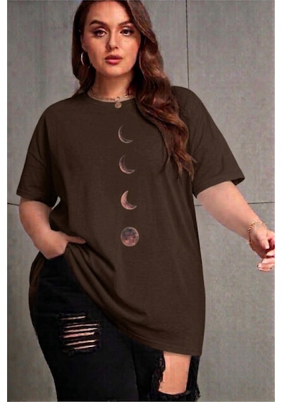 Moon Kadın Büyük Beden Battal Baskılı Bisiklet Yaka Pamuklu T-shirt Rahat Kesim Unisex Sevgili Kombini Kahve