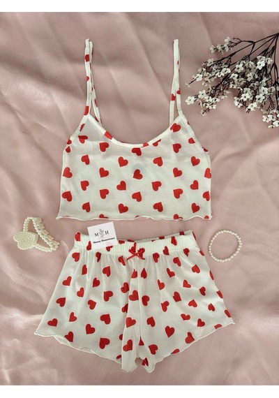 Mh Moony Homewears 2'li Lili Yumuşacık Mini Şortlu Pijama Takımı Slim Fit Kırmızı