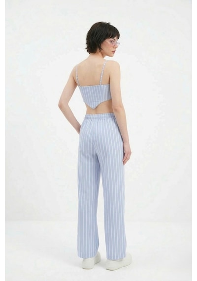Holly Lolly Beli Lastikli Çizgili Harmony Poplin Pantolon Mavi