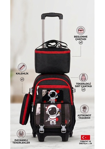 2 Kademeli Çekçekli Tekerlekli Karekter Desenli Erkek 3 Lü Set Takım İlkokul Sırt Çantası 40 27 17cm Siyah/kırmızı