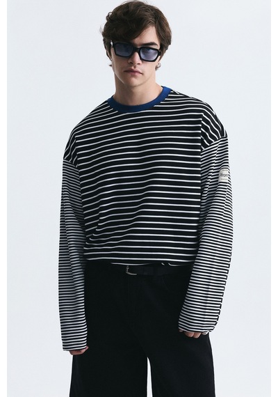 Vamos Kontrast Yaka Çizgili Sweatshirt Ekru-siyah