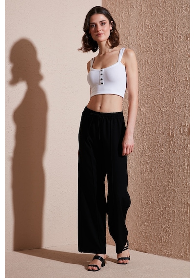 Lela Eşofman Çimalı Regular Fit Normal Bel Geniş Paça Bayan Eşofman Altı 5866260 Siyah