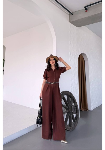 Neşeli Butik Kadın Gömlek Yaka Kemerli Geniş Paça Tulum Nbk4197 Kahverengi