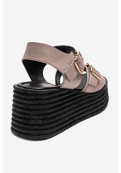 Luvishoes Mırette Buz Hakiki Deri Kadın Dolgu Tabanlı Sandalet Vizon