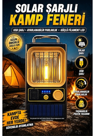 Solar Şarjlı Kamp Feneri Usb Şarjlı Dimmerli Filament Led Taşınabilir Kamp Lambası Acil Durum Aydınl Çok Renkli