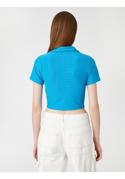 Koton Polo Yaka Crop Tişört Uzun Kollu Mavi 3sak50066ek Mavi
