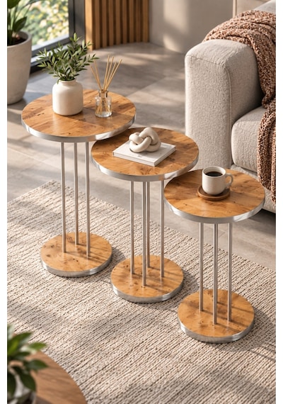Sulorahome Ceviz Desenli Gümüş Metal Ayaklı 3'lü Zigon Sehpa Takımı