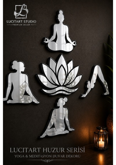 Huzur Serisi Premium Yoga & Lotus Aynalı Pleksi Duvar Dekoru 5 Parça Gümüş Zen Tasarım Gümüş