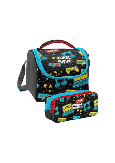 Coral High Siyah Mavi Gamer Desenli Erkek Çocuk Isı Yalıtımlı Beslenme Çantası Ve Kalemlik Seti