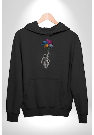 Gezegenler Balon Astronot Yükselişi Kadın Erkek Siyah Kapüşonlu Sweatshirt Hoodie Siyah