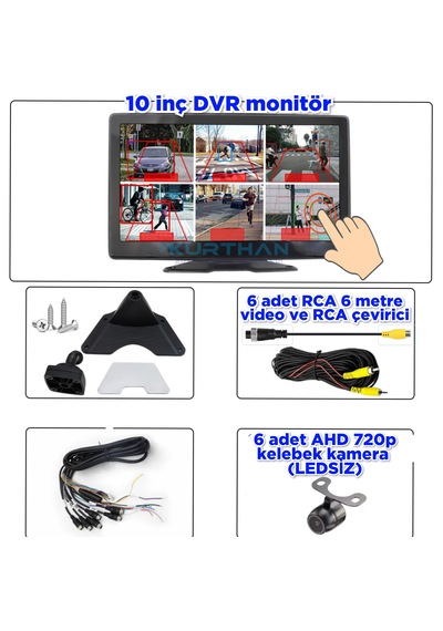 Ledsiz Kelebek Kamera 170'' Ahd 720p Rca 6 Kanallı 10 İnç Dokunmatik Usb Bsd Dvr Ekran 12 Volt