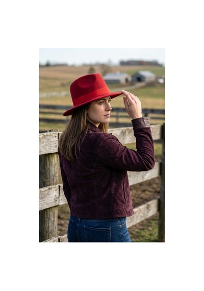 Emybox Kadın Kaşe Kovboy Şapka Geniş Siperlikli Fötr Kemerli Kışlık Şık Şapka Country Vintage Tarz Şapka Kırmızı