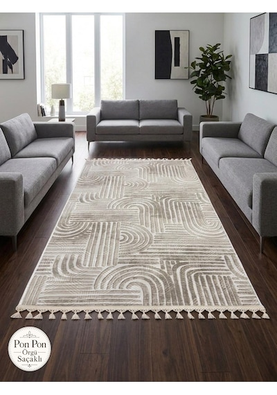 Kaymaz Taban Krem Bej Modern Desenli Yıkanabilir Saçaklı Salon Oturma Odası Mutfak Halı Yolluk