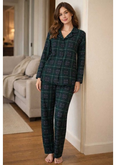 Tenra Kadın Pijama Takımı Boydan Düğmeli Haki