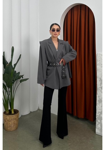 Kadın Oversize Blazer Ceket Kuşaklı Omuz Detaylı Gri