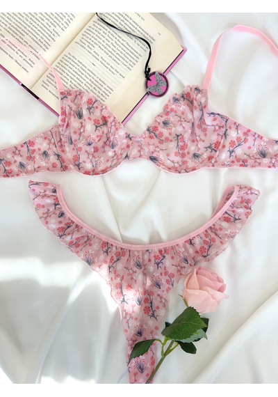 Arinda Ül Çiçek Desenli Balenli Kapsız Fırfırlı Bralette Sütyen Tanga İç Çamaşırı Takımı Alt Üst 2 Parça Pembe