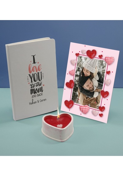 Bk Gift Sevgililere Özel Beyaz Defter Dekoratif Çerçeve Ve Kalp Taş Obje Kokulu Mum Hediye Seti-7, Sevgiliye Hediye, Sevgililer Günü