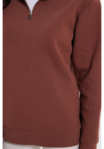 Tudors Kadın Relax Fit Rahat Kesim Pamuklu İçi Polarlı Yarım Fermuarlı Kahverengi Dik Yaka Sweatshirt-42194 Kahverengi1