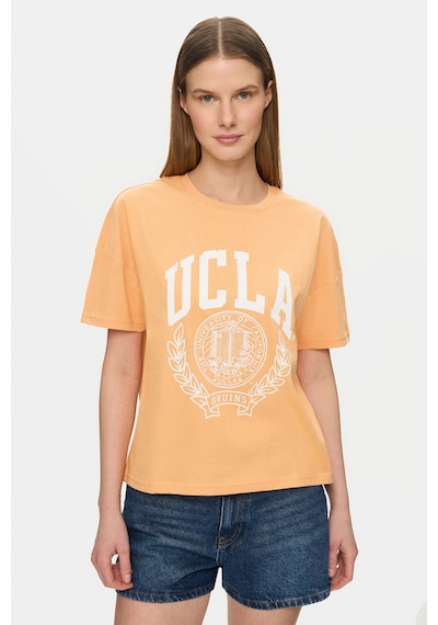 Ucla Avalon Açık Turuncu Bisiklet Yaka Baskılı %100 Pamuk Loose Fit Kadın Tshirt