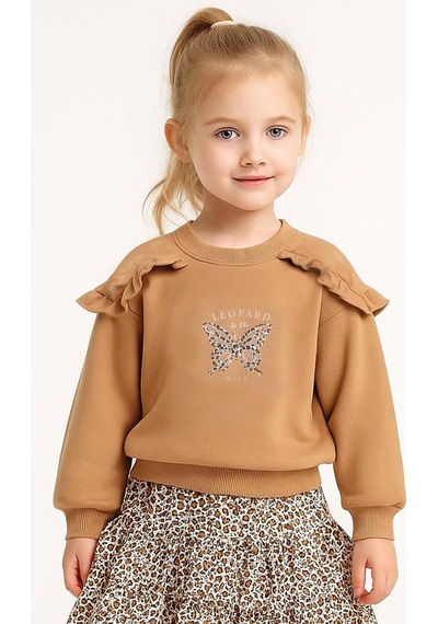Overdo Kids Pamuklu Baskılı Uzun Kol Kız Çocuk Sweatshirt Kahverengi