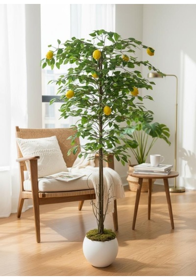 Yapay Limon Ağacı 160cm 10 Limonlu Doğal Görünümlü Beyaz Küre Plastik Saksılı Yapay Ağaç Sarı