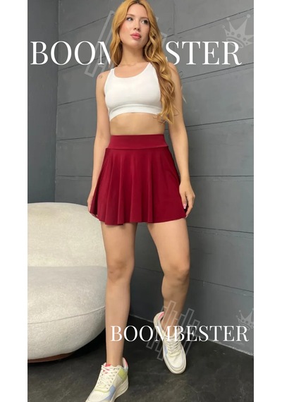 Boombester Kadın Yüksek Bel Piliseli Mini Etek Şortlu Sandy Kumaş Yazlık Rahat Kalıp Günlük & Spor Bordo