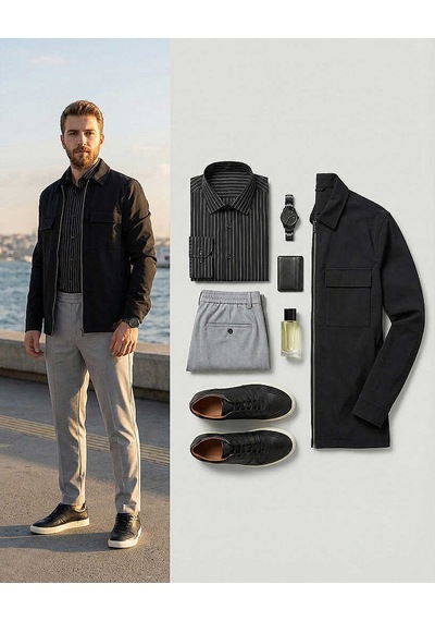 Bys Beystil Erkek Siyah Çizgili Gömlek 2434 - Slim Fit SİYAH